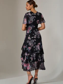 Mesh Print Frill Hem Midaxi Dress, Black Floral