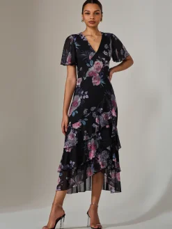 Mesh Print Frill Hem Midaxi Dress, Black Floral