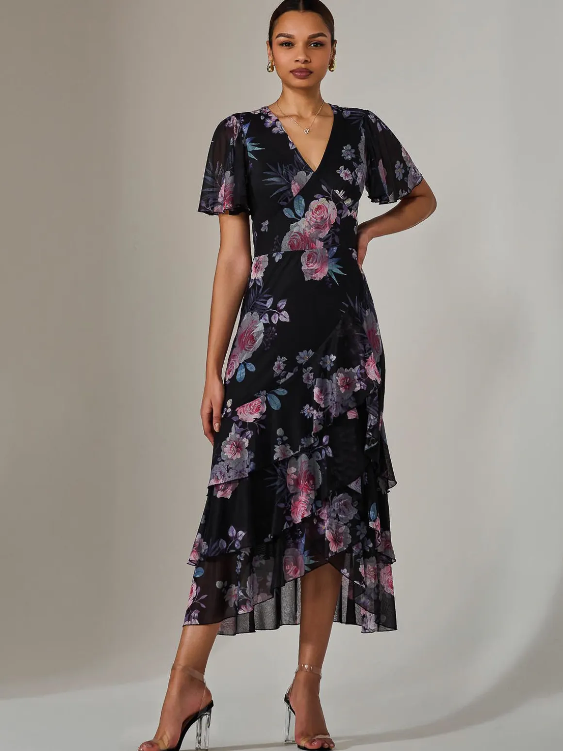 Mesh Print Frill Hem Midaxi Dress, Black Floral