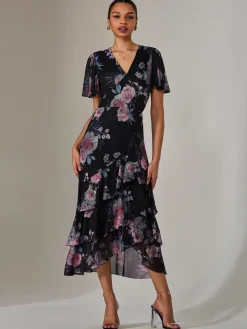 Mesh Print Frill Hem Midaxi Dress, Black Floral