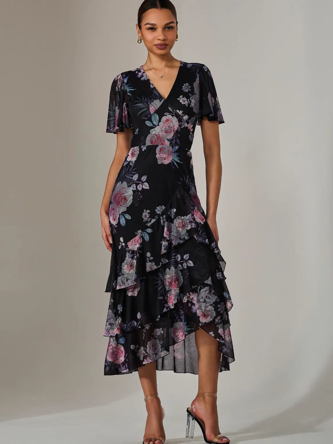 Mesh Print Frill Hem Midaxi Dress, Black Floral