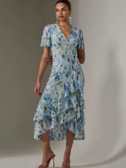 Mesh Print Frill Hem Midaxi Dress, Blue Abstract