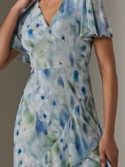 Mesh Print Frill Hem Midaxi Dress, Blue Abstract