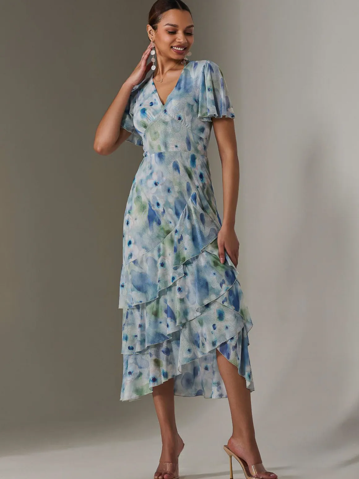 Mesh Print Frill Hem Midaxi Dress, Blue Abstract