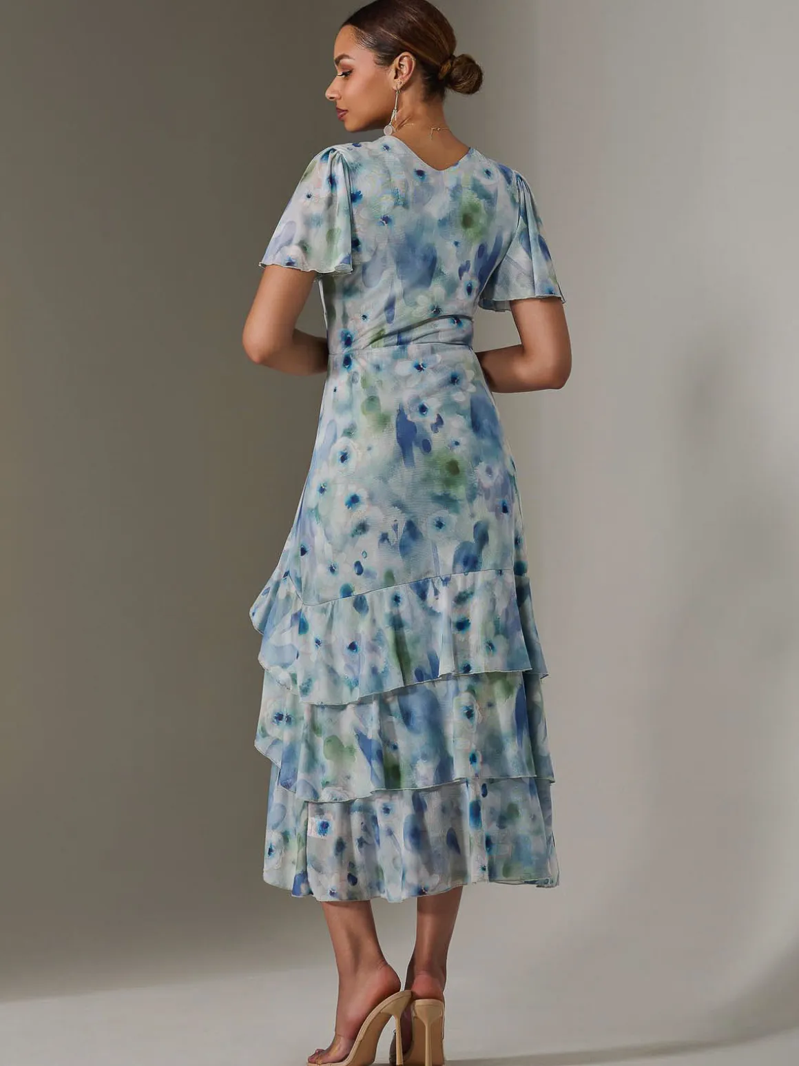 Mesh Print Frill Hem Midaxi Dress, Blue Abstract
