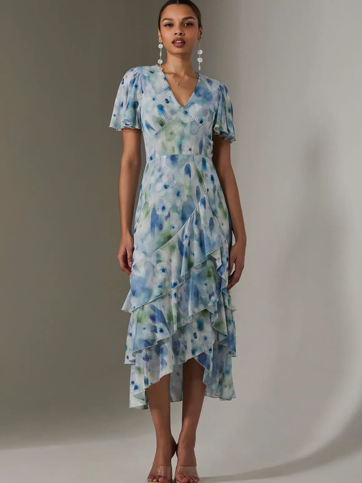 Mesh Print Frill Hem Midaxi Dress, Blue Abstract