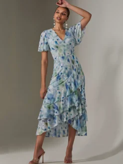 Mesh Print Frill Hem Midaxi Dress, Blue Abstract