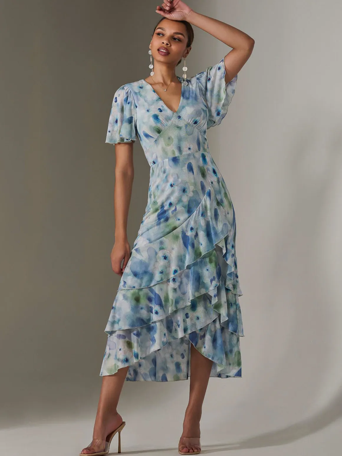 Mesh Print Frill Hem Midaxi Dress, Blue Abstract