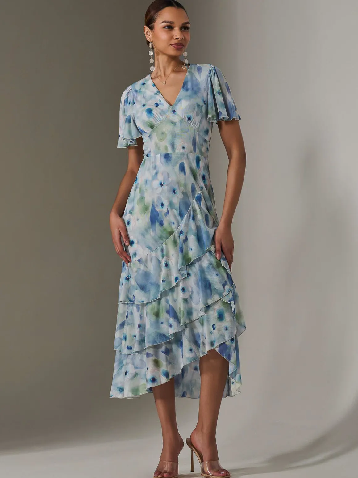 Mesh Print Frill Hem Midaxi Dress, Blue Abstract