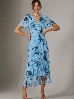 Mesh Print Frill Hem Midaxi Dress, Blue Floral