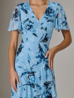 Mesh Print Frill Hem Midaxi Dress, Blue Floral