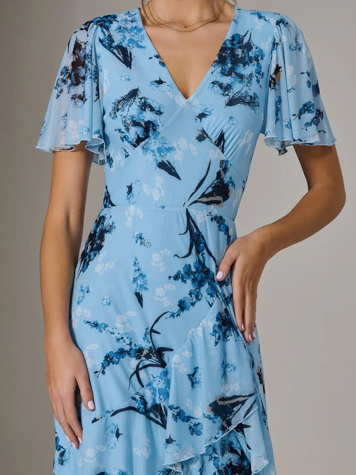 Mesh Print Frill Hem Midaxi Dress, Blue Floral