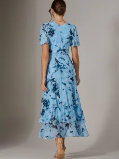 Mesh Print Frill Hem Midaxi Dress, Blue Floral