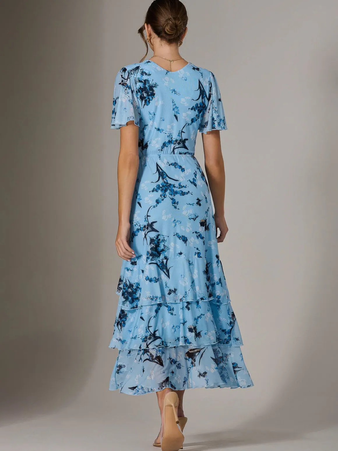 Mesh Print Frill Hem Midaxi Dress, Blue Floral