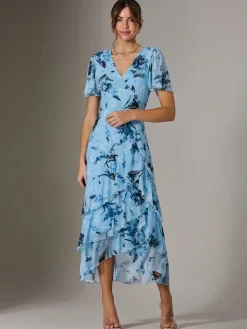 Mesh Print Frill Hem Midaxi Dress, Blue Floral