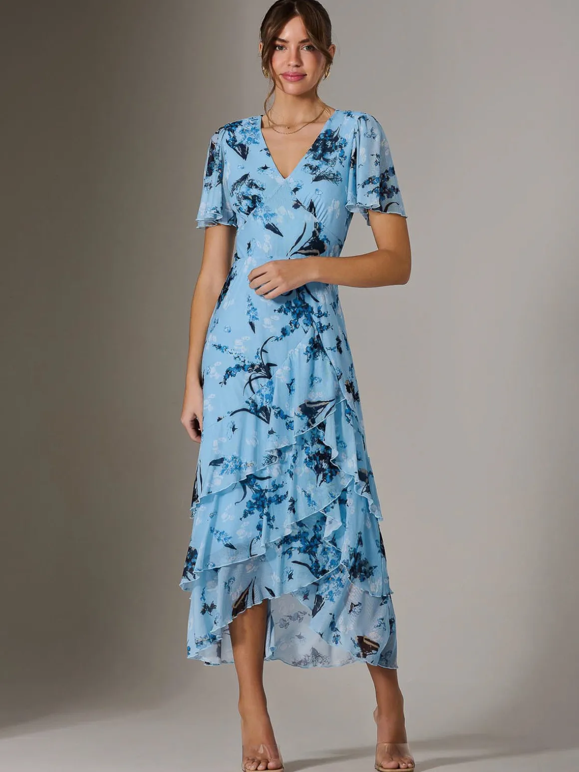 Mesh Print Frill Hem Midaxi Dress, Blue Floral