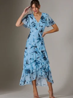 Mesh Print Frill Hem Midaxi Dress, Blue Floral