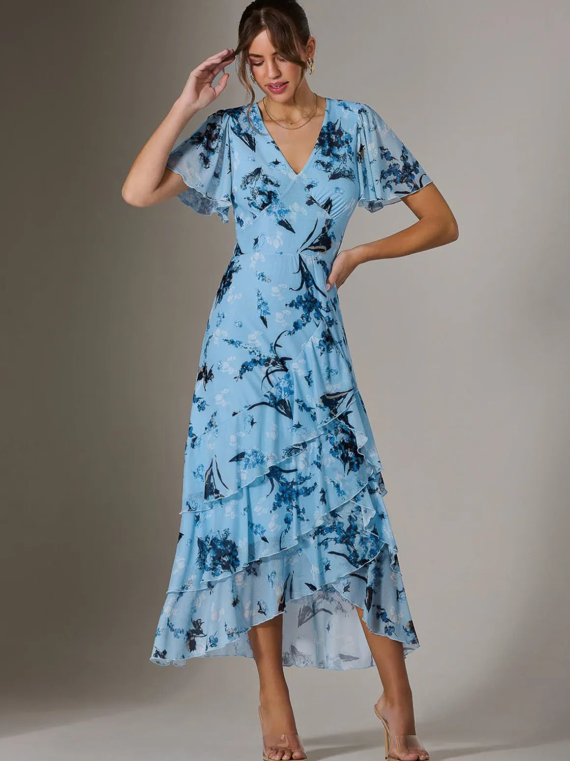 Mesh Print Frill Hem Midaxi Dress, Blue Floral