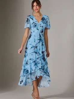 Mesh Print Frill Hem Midaxi Dress, Blue Floral
