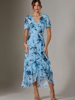 Mesh Print Frill Hem Midaxi Dress, Blue Floral
