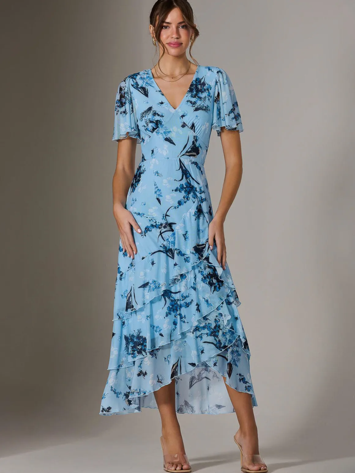 Mesh Print Frill Hem Midaxi Dress, Blue Floral