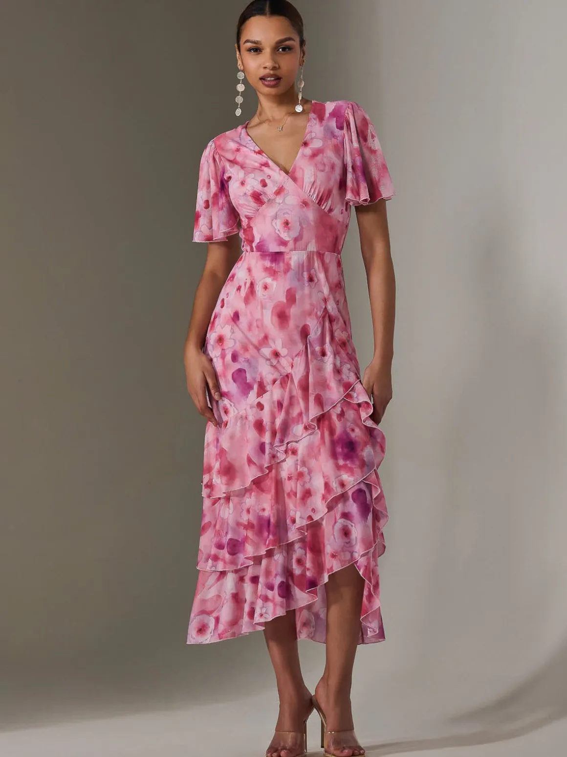 Mesh Print Frill Hem Midaxi Dress, Pink Abstract