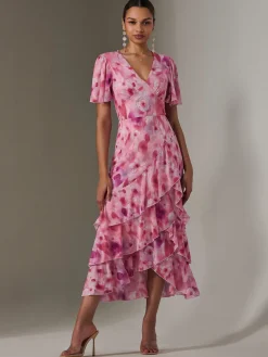 Mesh Print Frill Hem Midaxi Dress, Pink Abstract