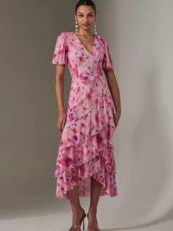 Mesh Print Frill Hem Midaxi Dress, Pink Abstract