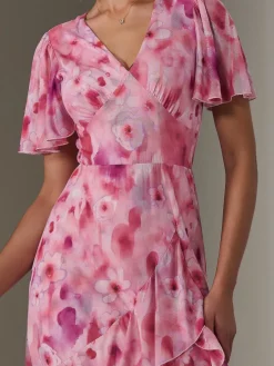 Mesh Print Frill Hem Midaxi Dress, Pink Abstract