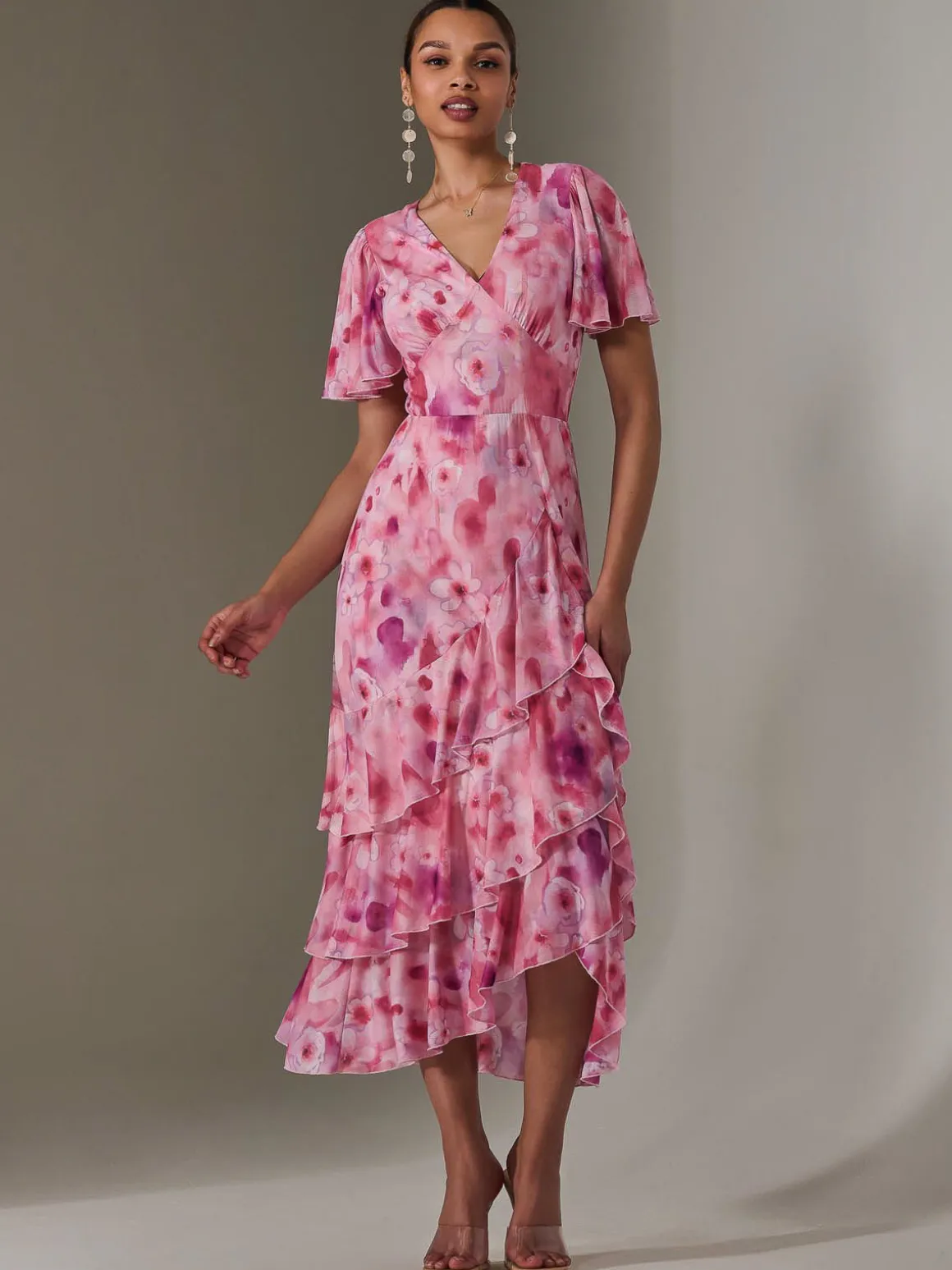 Mesh Print Frill Hem Midaxi Dress, Pink Abstract