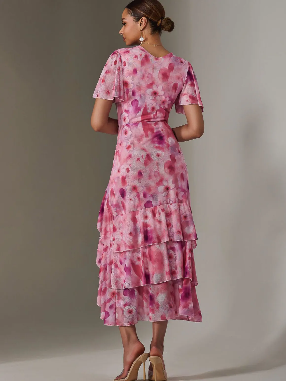 Mesh Print Frill Hem Midaxi Dress, Pink Abstract
