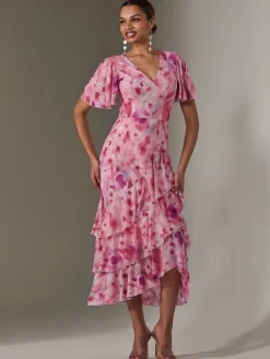 Mesh Print Frill Hem Midaxi Dress, Pink Abstract