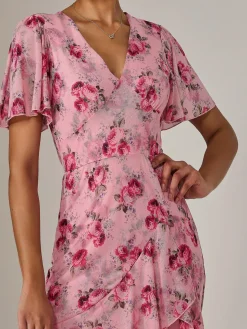 Mesh Print Frill Hem Midaxi Dress, Pink Floral