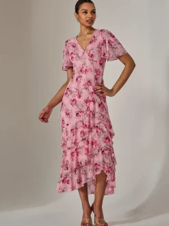 Mesh Print Frill Hem Midaxi Dress, Pink Floral