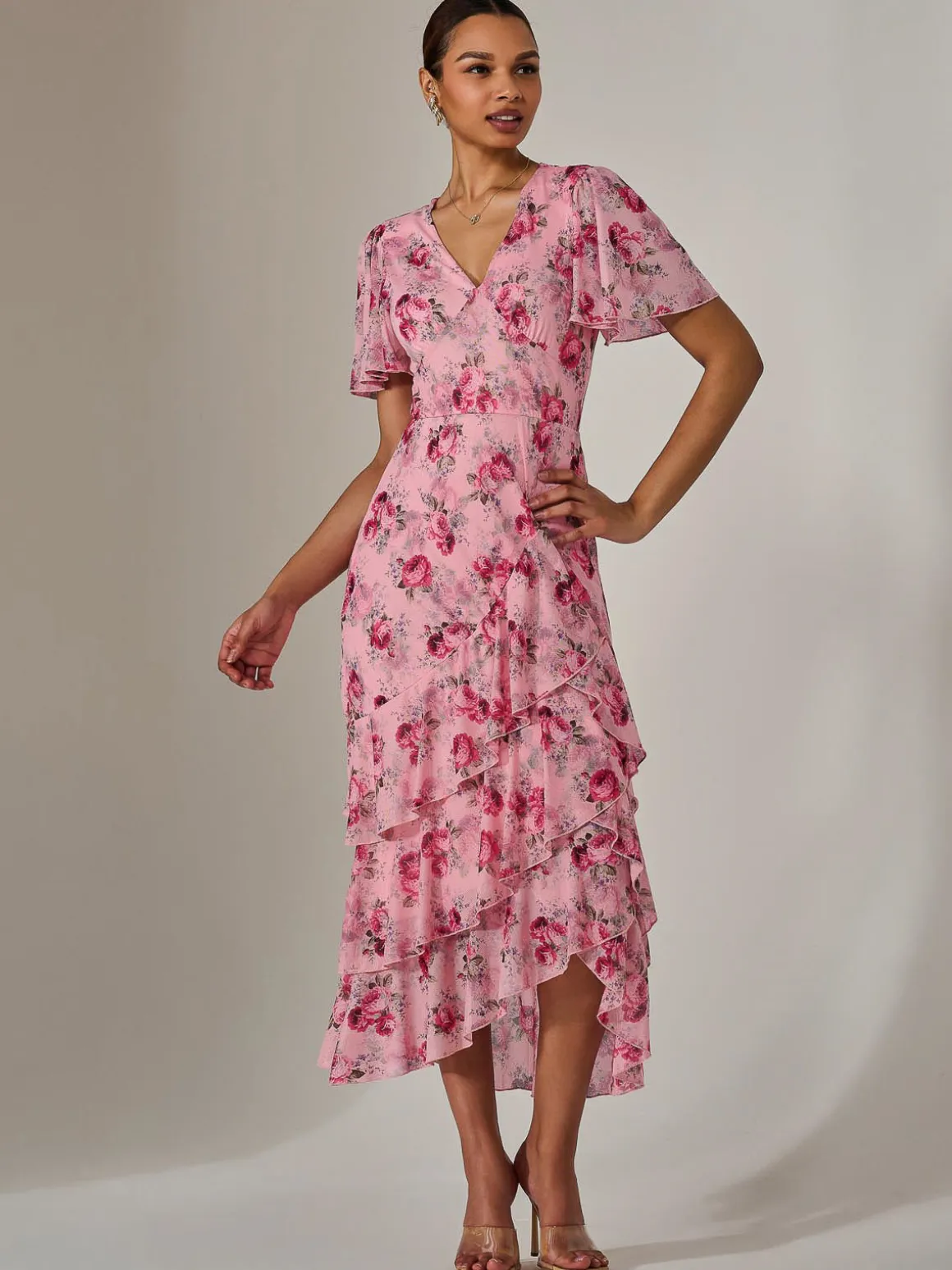 Mesh Print Frill Hem Midaxi Dress, Pink Floral