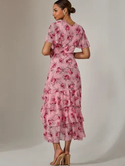 Mesh Print Frill Hem Midaxi Dress, Pink Floral
