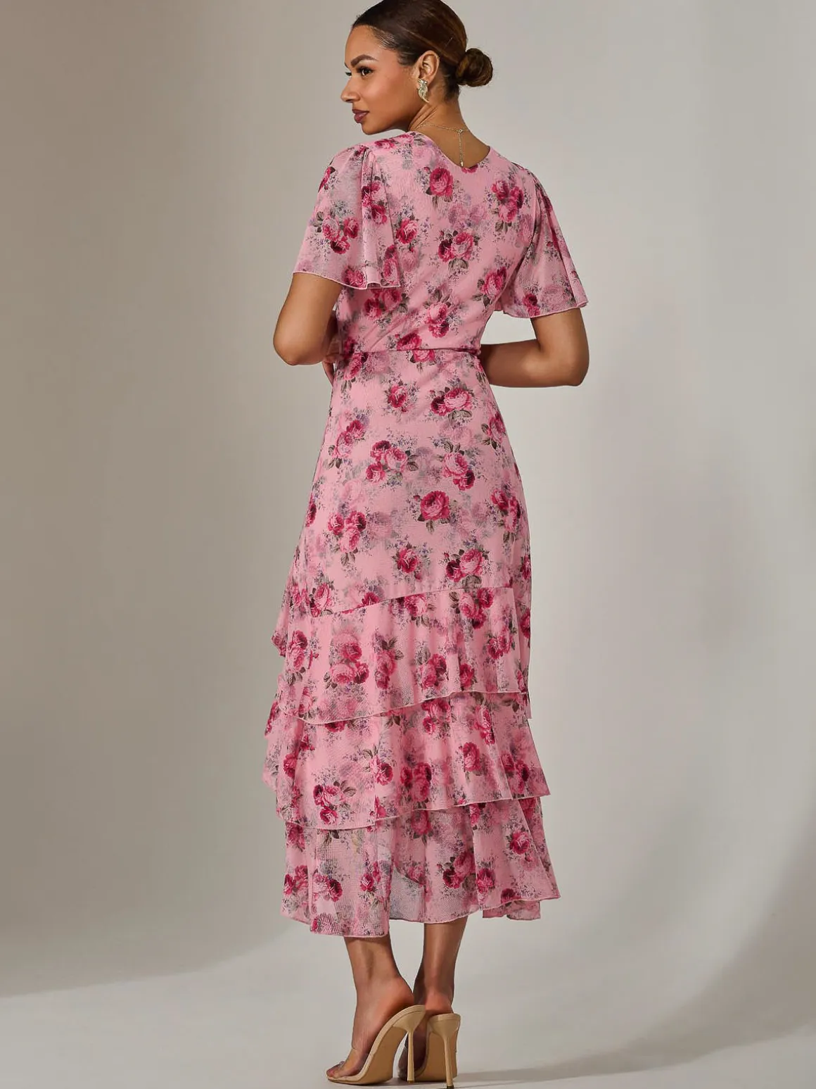 Mesh Print Frill Hem Midaxi Dress, Pink Floral