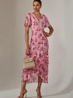 Mesh Print Frill Hem Midaxi Dress, Pink Floral