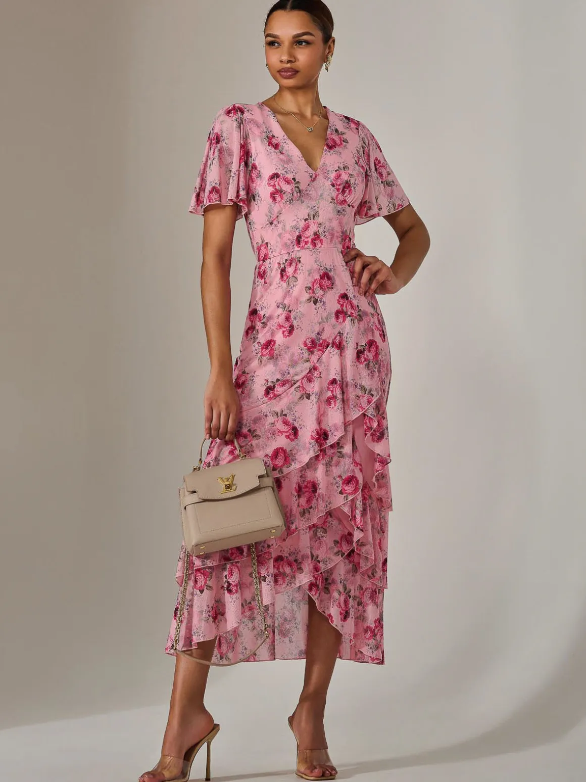 Mesh Print Frill Hem Midaxi Dress, Pink Floral