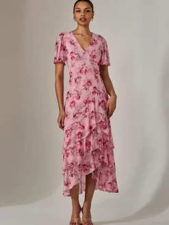 Mesh Print Frill Hem Midaxi Dress, Pink Floral
