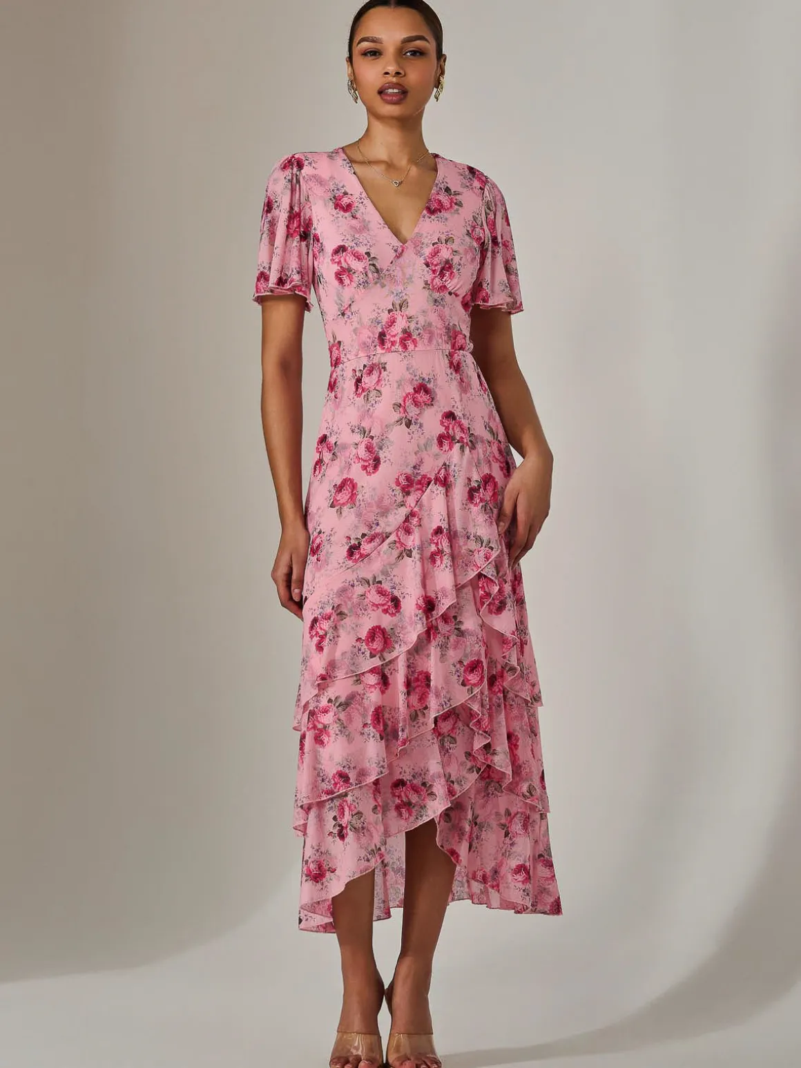 Mesh Print Frill Hem Midaxi Dress, Pink Floral