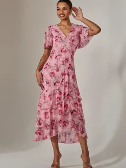 Mesh Print Frill Hem Midaxi Dress, Pink Floral