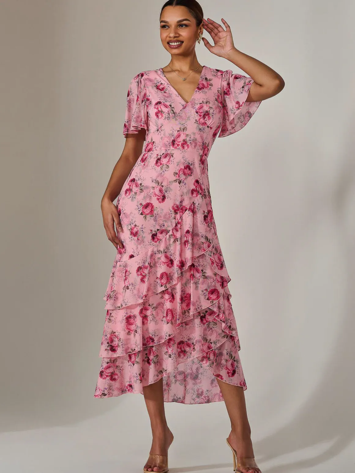 Mesh Print Frill Hem Midaxi Dress, Pink Floral