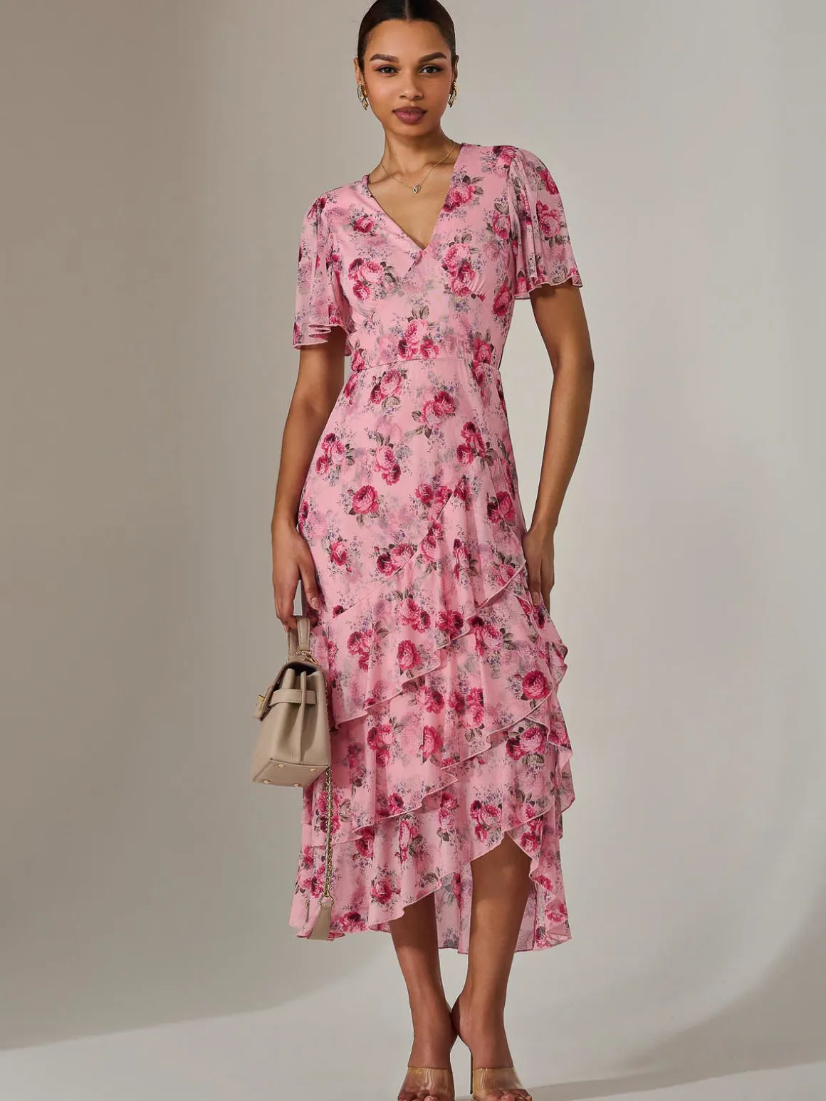 Mesh Print Frill Hem Midaxi Dress, Pink Floral
