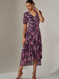 Mesh Print Frill Hem Midaxi Dress, Purple Floral