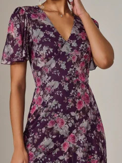 Mesh Print Frill Hem Midaxi Dress, Purple Floral