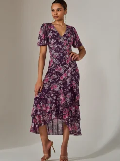 Mesh Print Frill Hem Midaxi Dress, Purple Floral