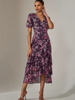 Mesh Print Frill Hem Midaxi Dress, Purple Floral