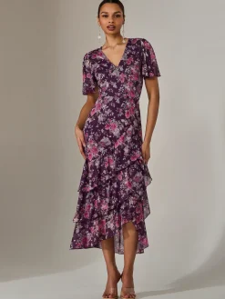 Mesh Print Frill Hem Midaxi Dress, Purple Floral