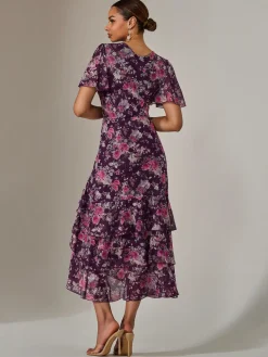 Mesh Print Frill Hem Midaxi Dress, Purple Floral